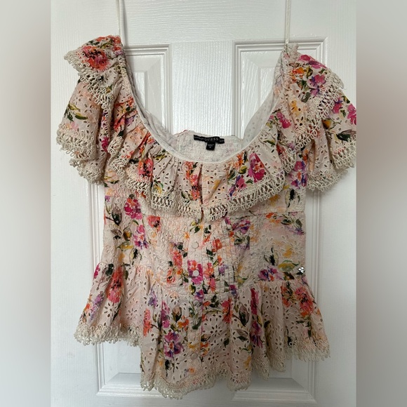 Guess Isotta Ruffled Off-the-shoulder Top In Pastel Flower - Picture 2 of 9